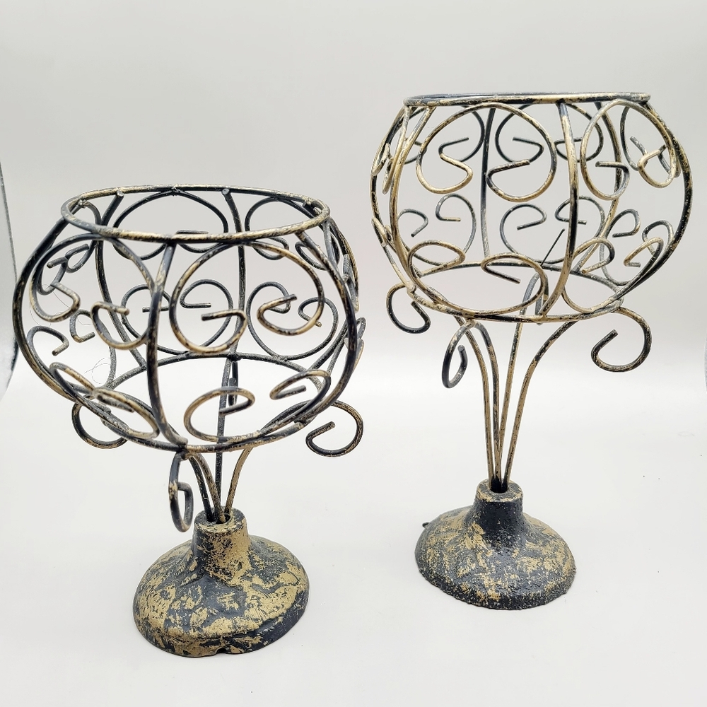 Vintage Hand Forged Hammered Wrought Iron Steampunk Candle Holders, Set of 2